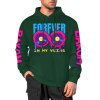 Green cotton hooded sweater with 'FOREVER 99' and donut graphic, youth fashion style