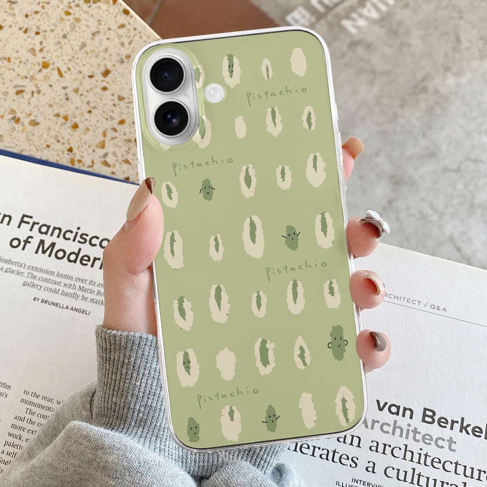 iPhone 16 Series case, olive green TPU with white pattern, protective cover