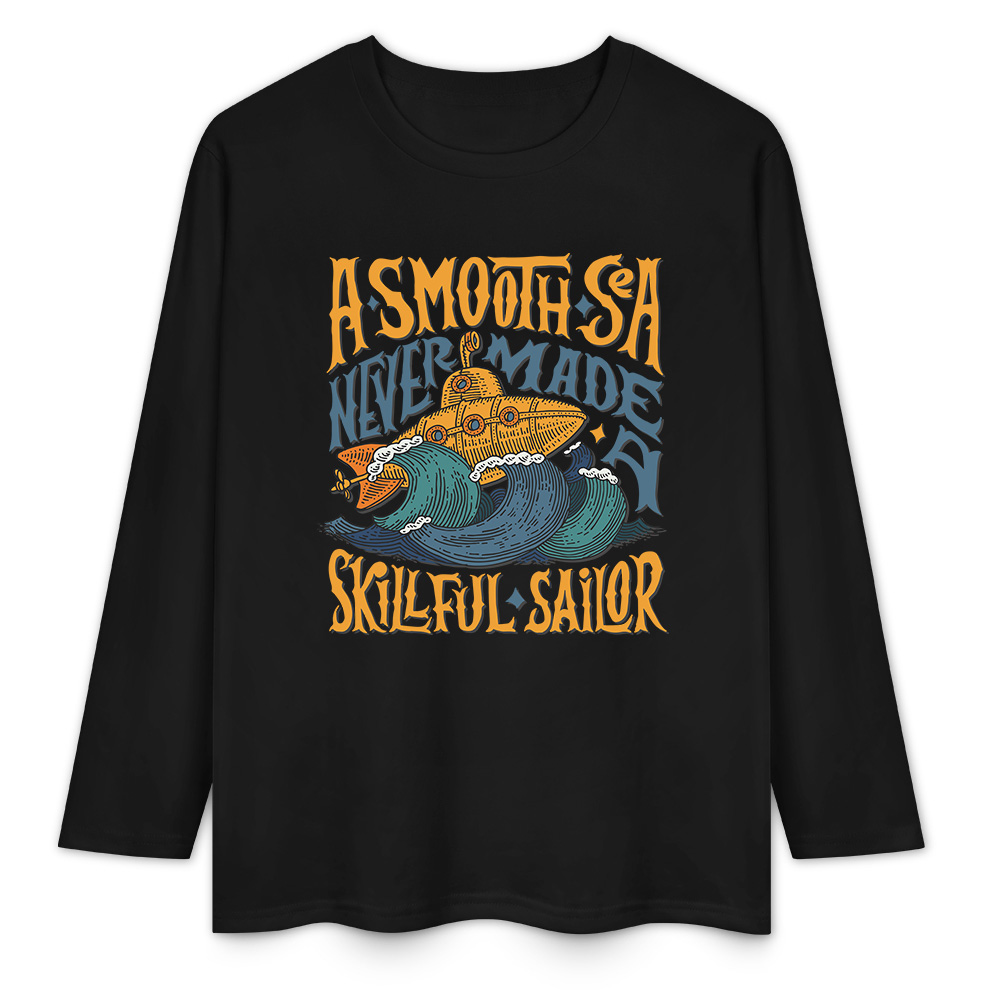 Black pure cotton long sleeve T-shirt featuring 'A SMOOTH SHAKER' graphic, casual wear.