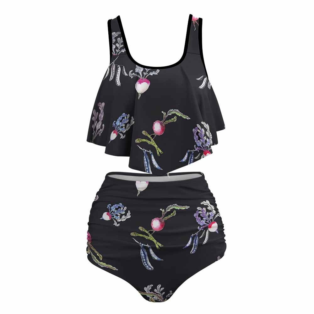 Black floral bikini swimsuit with layered top and high-waisted bottoms. Stretchy and comfortable, perfect for beach and pool.