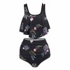 Black floral bikini swimsuit with layered top and high-waisted bottoms. Stretchy and comfortable, perfect for beach and pool.
