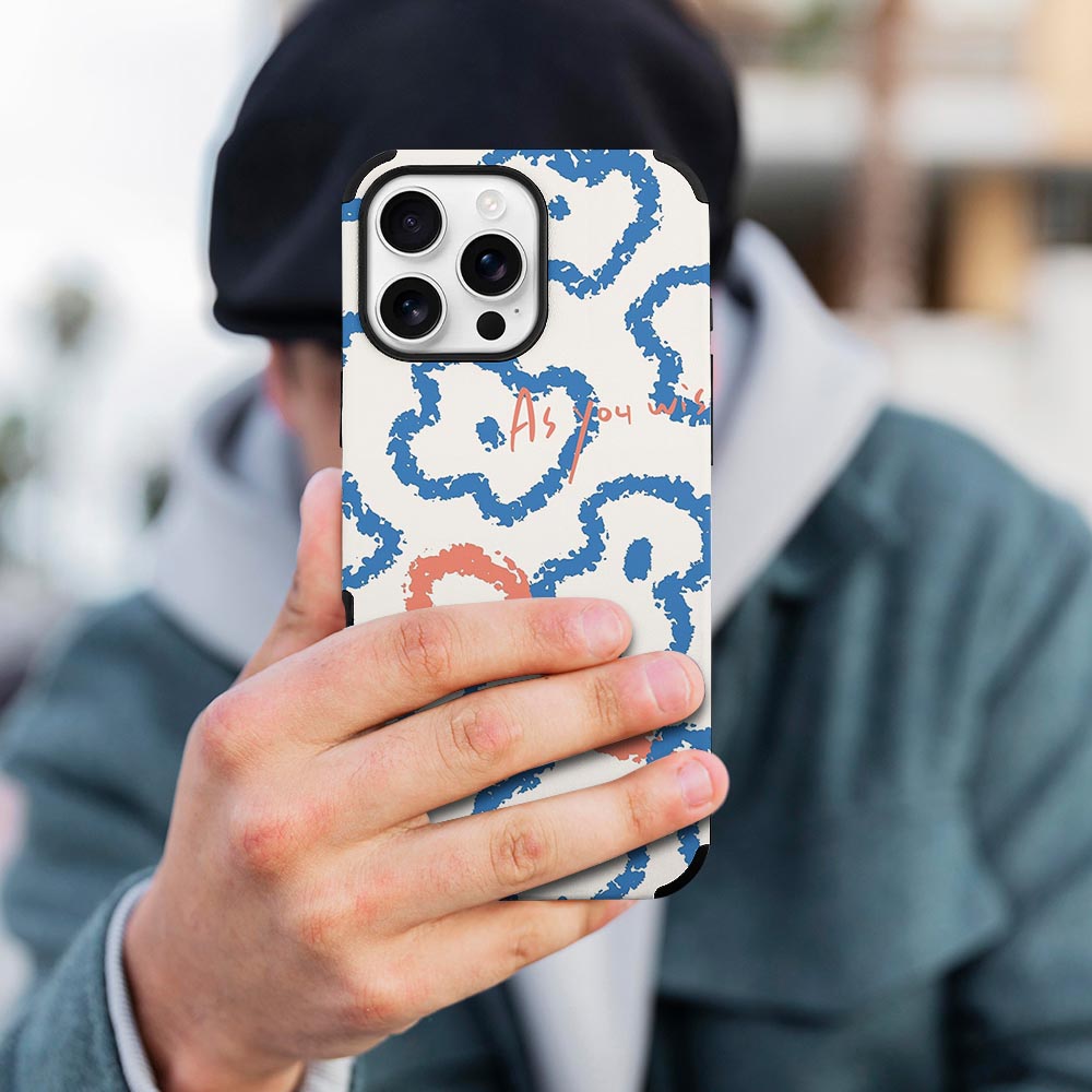iPhone 16 Fiber Skin Case with abstract blue floral pattern, protective and stylish cover.
