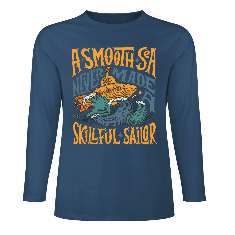 Dark blue pure cotton long sleeve T-shirt featuring 'A SMOOTH SHAKER' graphic design for casual wear.