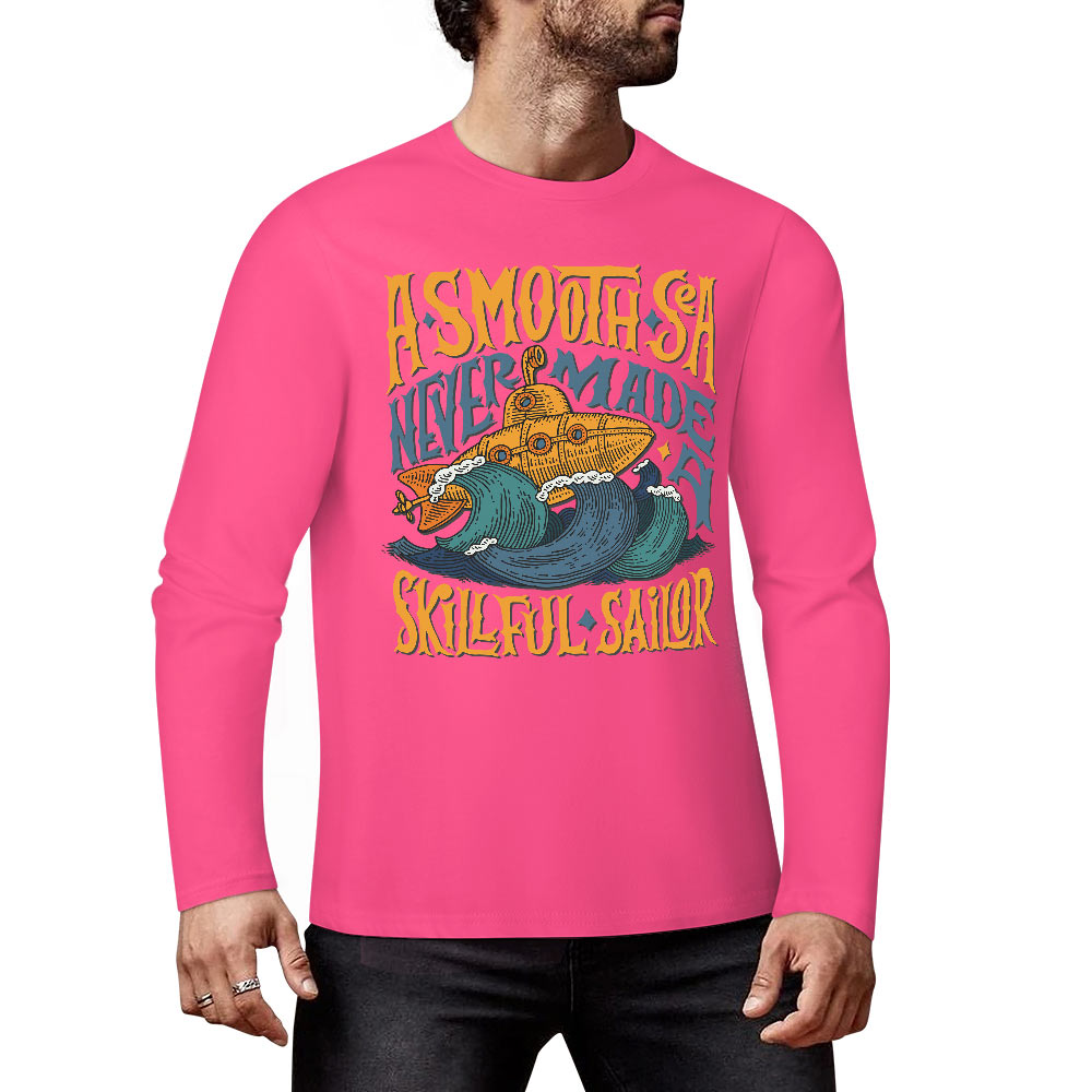 Pink pure cotton long-sleeved T-shirt featuring ASMODUS Shark Attack graphic, casual wear.