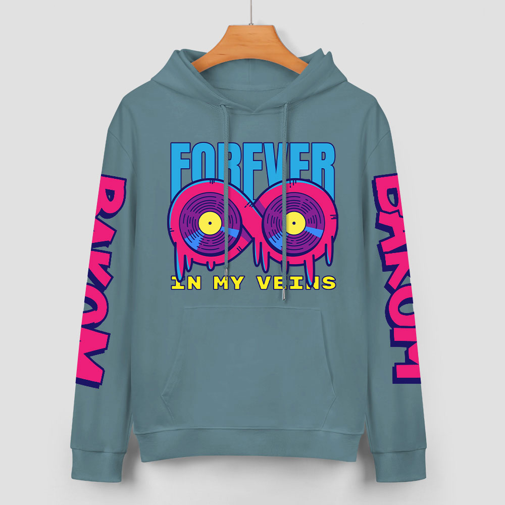 Light blue cotton 'FOREVER 99' donut graphic hoodie, sleeve prints, youth fashion style.