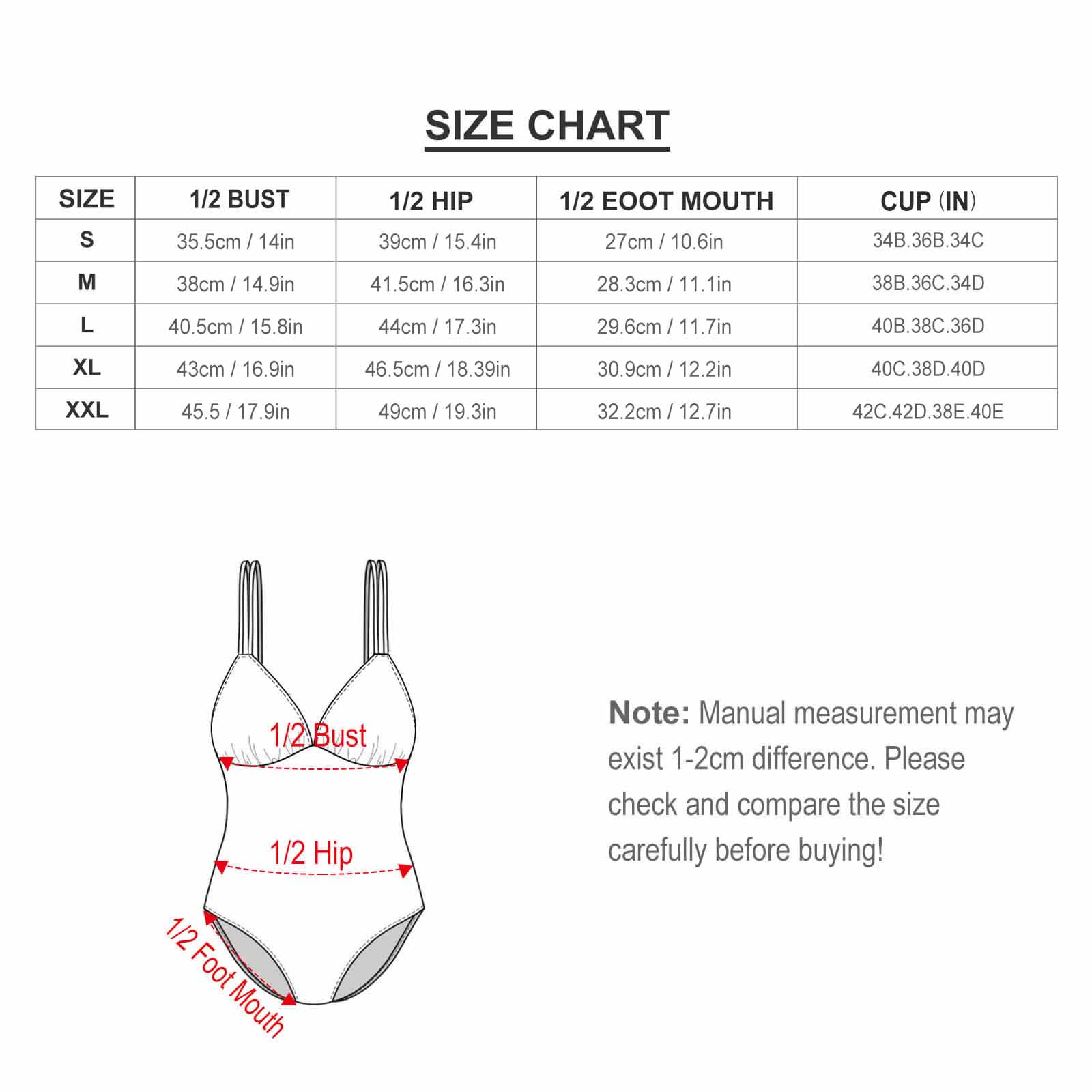 One-piece swimsuit size chart with bust, waist, and leg width measurements, summer wear