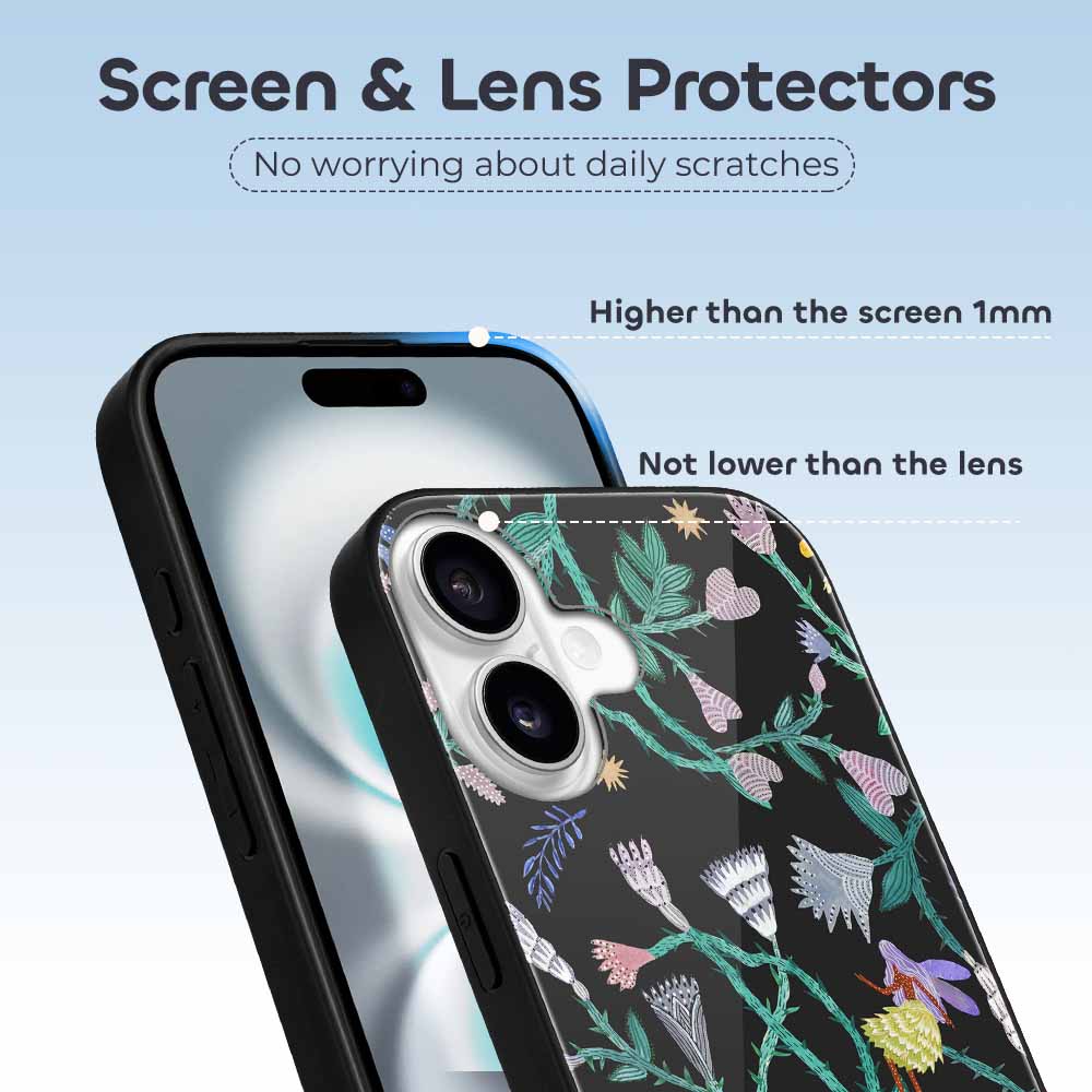 iPhone 16 Series Glass Case with Floral Design and Screen & Lens Protectors for Scratch Resistance