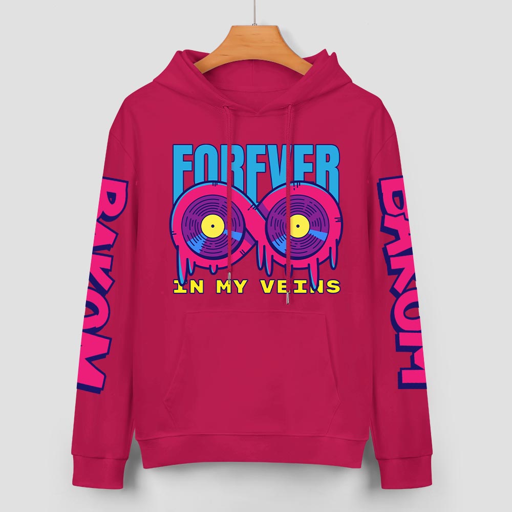 Red cotton FOREVER 99 hoodie with DAKUM and CHRONM sleeve prints, youth fashion