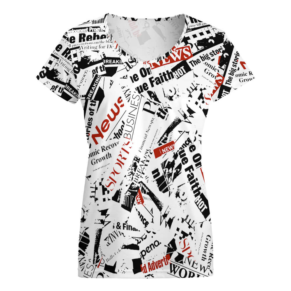 White V-neck short sleeve T-shirt with abstract pattern, summer wear, Inkedjoy