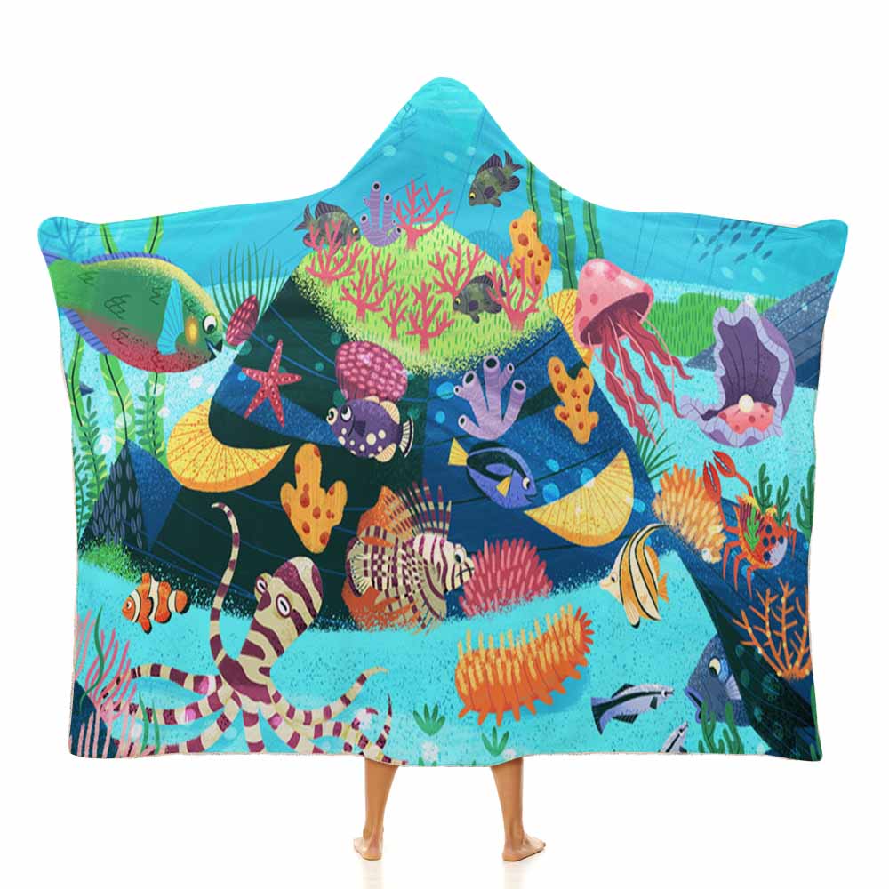 Cloak Hooded Blanket with vibrant underwater scene, coral, fish, and jellyfish.
