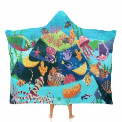 Cloak Hooded Blanket with vibrant underwater scene, coral, fish, and jellyfish.
