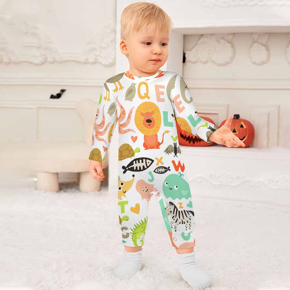 Baby in a romper with animal and alphabet print, comfortable imitation cotton for newborns and infants.