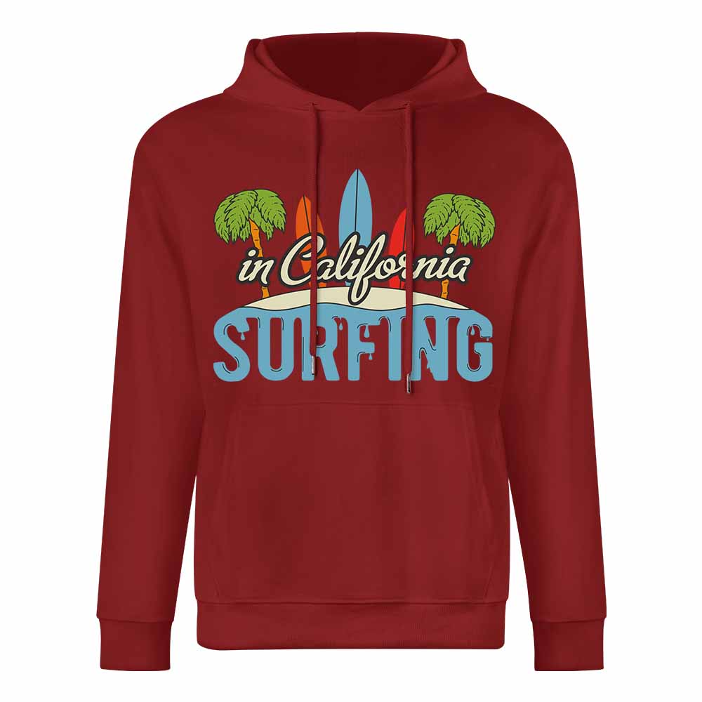 Burgundy cotton California Surfing hoodie, loose fit, for daily wear.