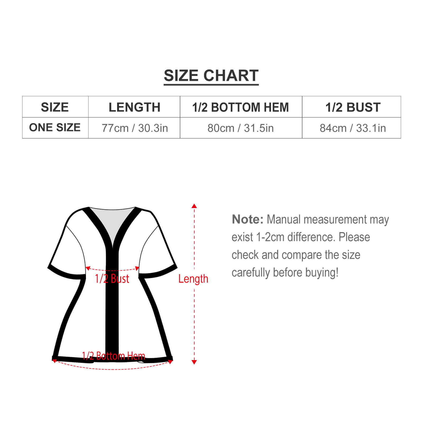 Size chart for loose short sleeve beach swim cover, showing length, hem, and bust measurements. Note on sizing variations.
