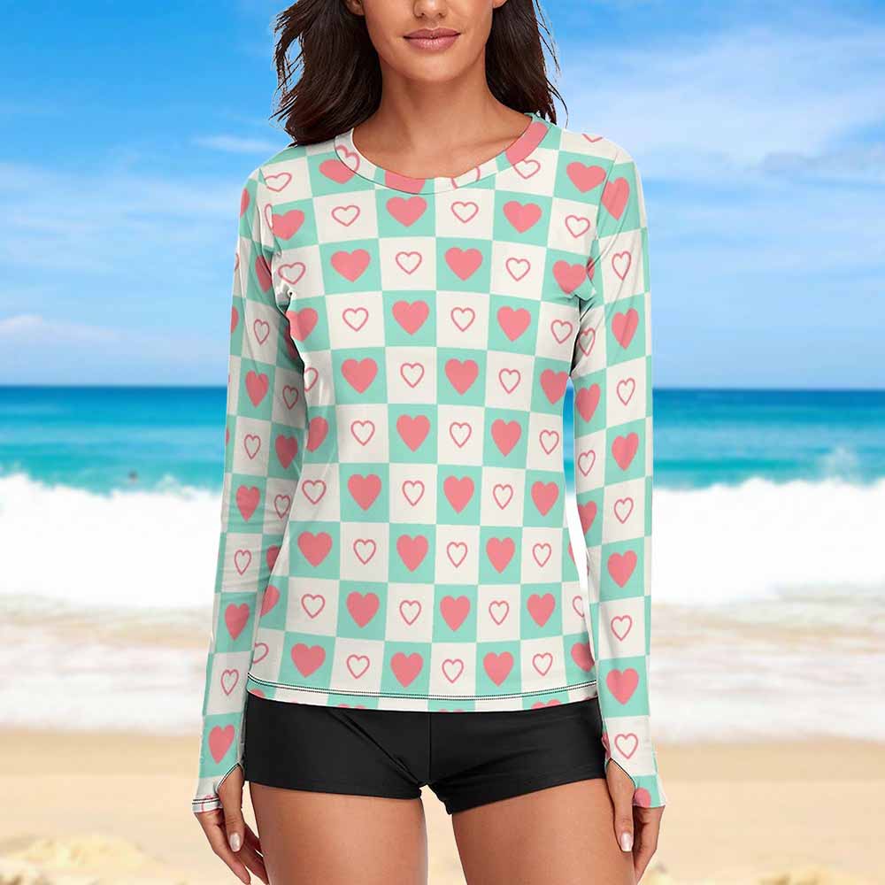 Women's long sleeve sun protection shirt with checkered heart pattern