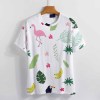 Women's white print t-shirt featuring flamingo, tropical leaves and banana pattern. Comfortable, breathable fabric.