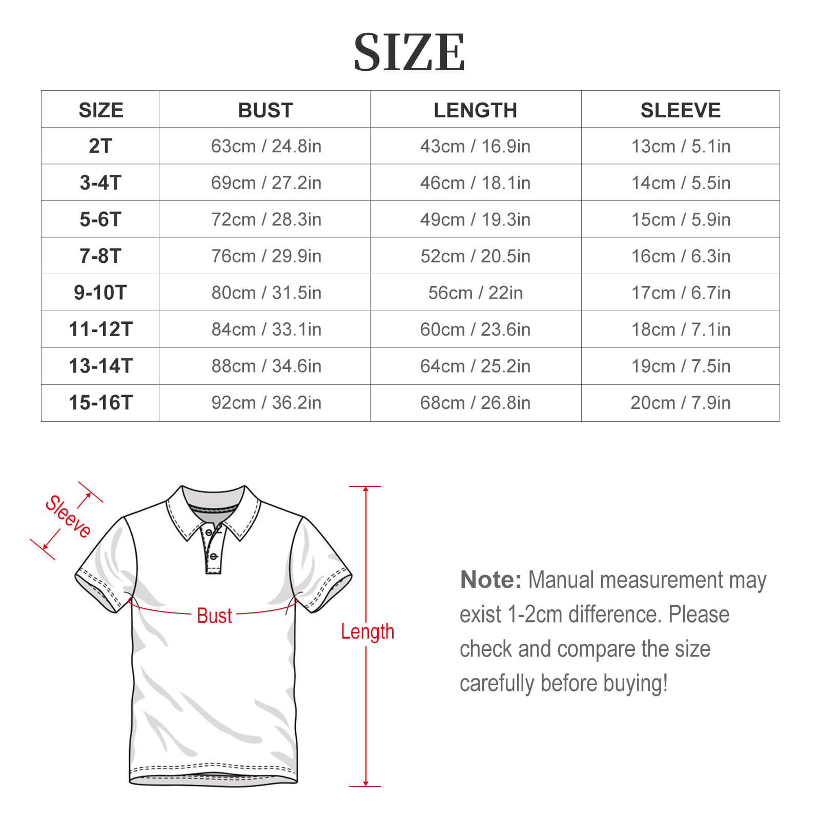 Size chart for New shoulder buttoned polo shirt, including bust, length, and sleeve measurements.