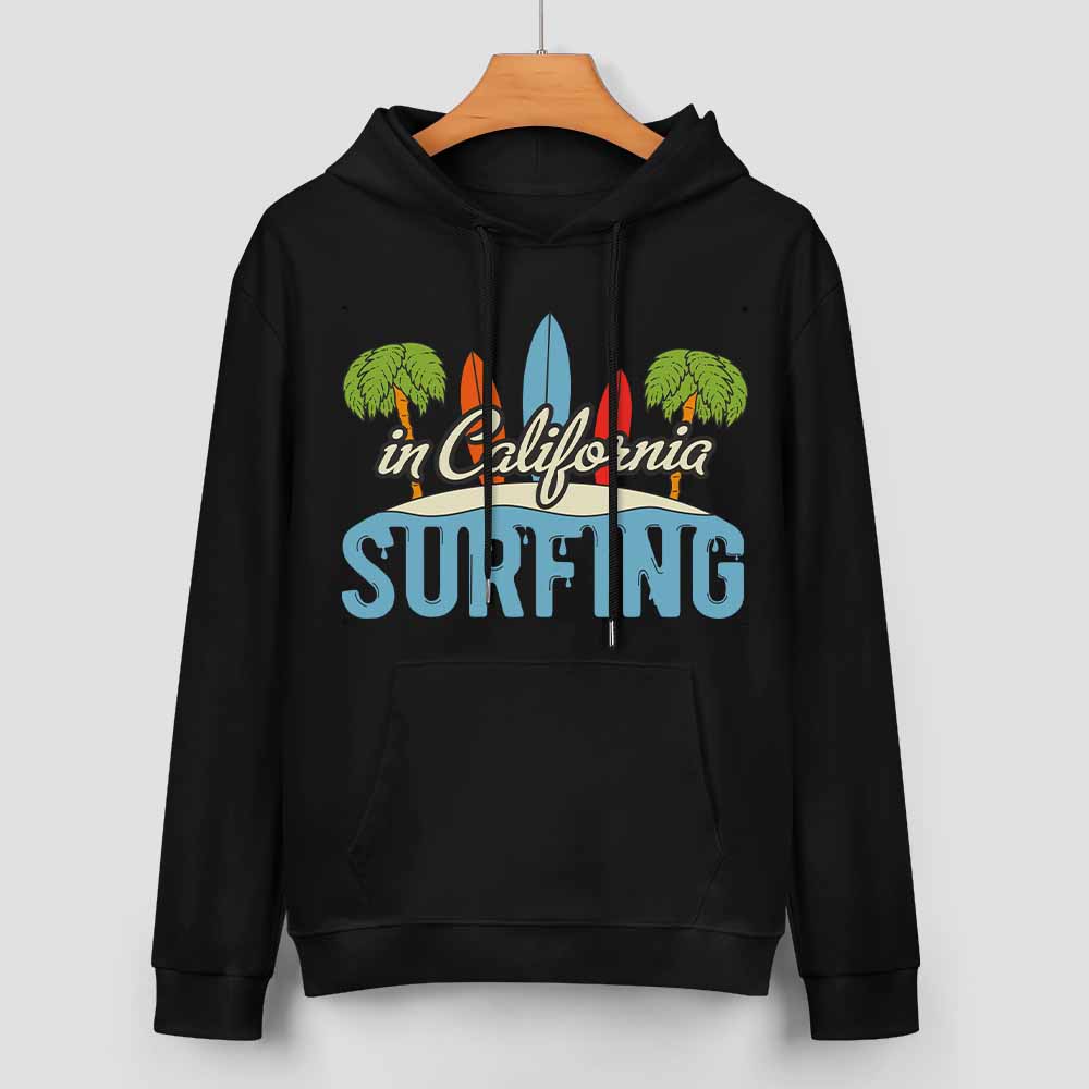 Black cotton California Surfing hoodie with graphic, loose fit, suitable for daily wear