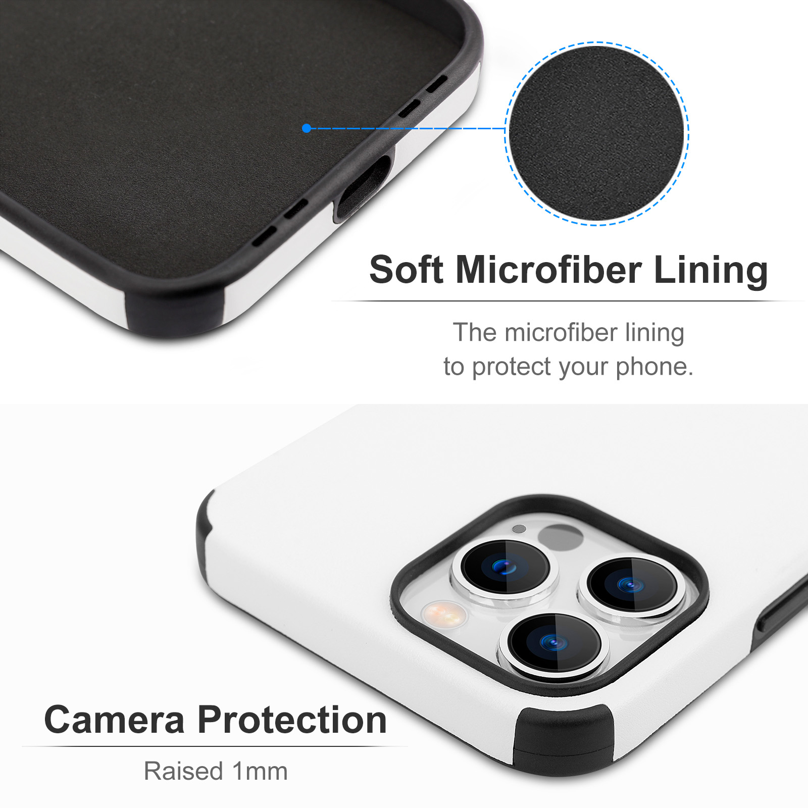 iPhone 13 case features soft microfiber lining and camera protection for scratch-resistant design, comfortable grip.
