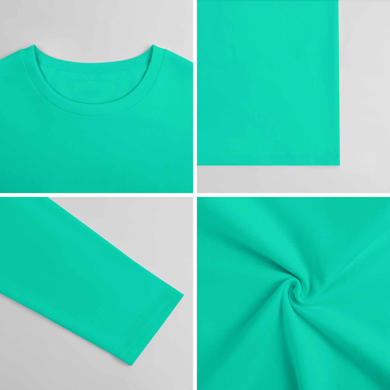 Turquoise pure cotton long-sleeved T-shirt, showcasing fabric and texture details, casual wear