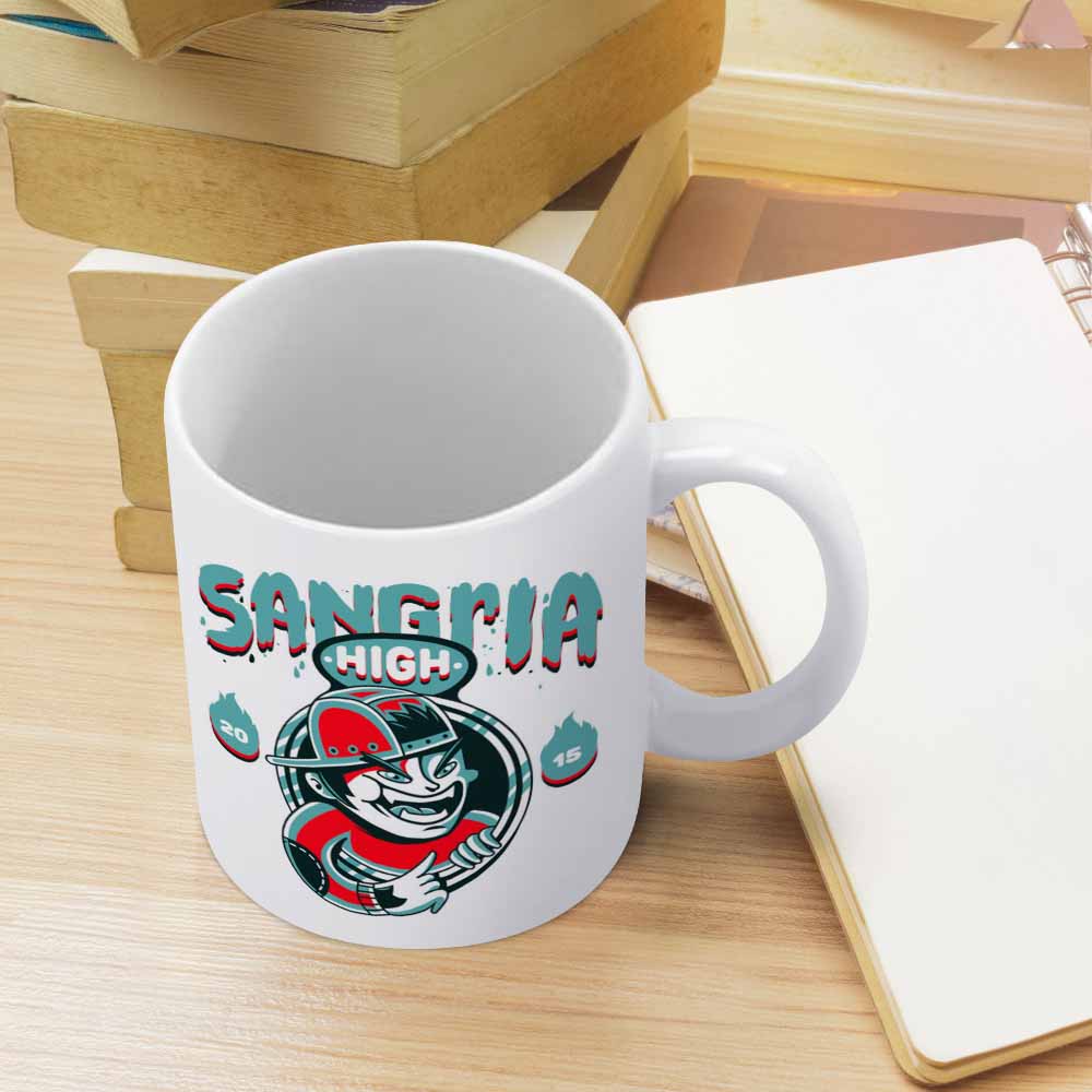 White ceramic SANGRIA mug, ideal for coffee shops or home use, durable ceramic design.