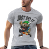 Gray men's 'Just Do It' baseball cartoon graphic T-shirt, 100% cotton.