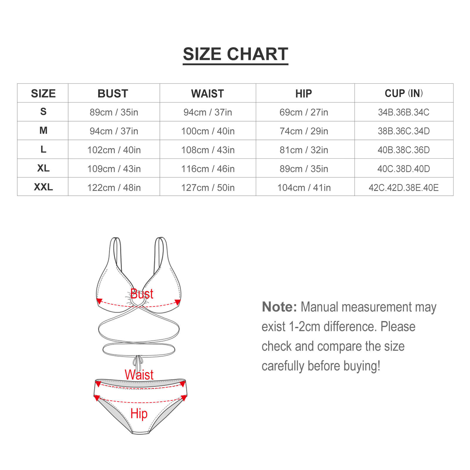 Bikini swimsuit size chart with bust, waist, hip measurements, and size details.