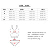 Bikini swimsuit size chart with bust, waist, hip measurements, and size details.