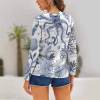 Women's white long sleeve shirt with blue pattern, featuring round neck, perfect for casual wear