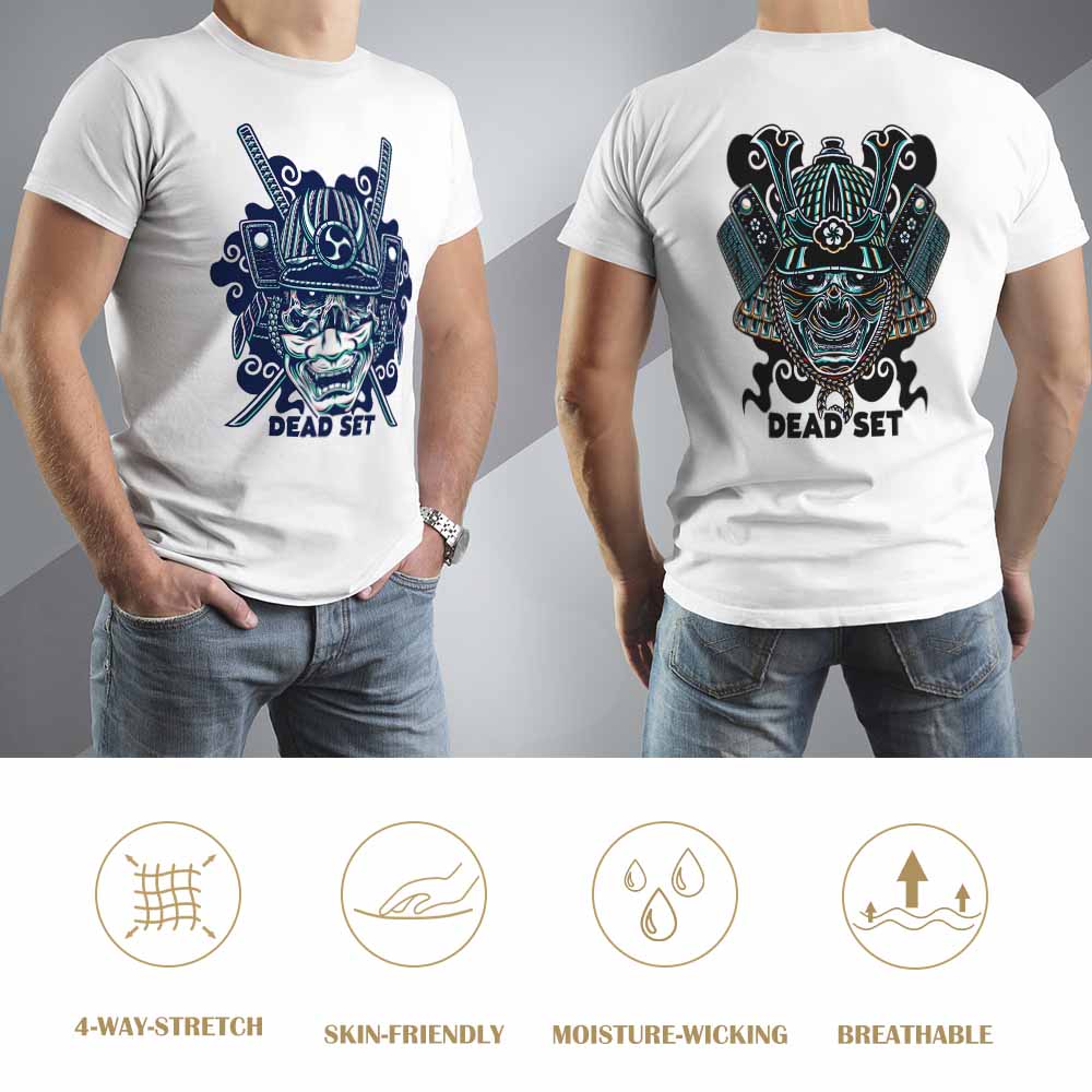 White cotton men's T-shirt with blue samurai skull design, "DEAD SET" text, perfect for events and leisure.