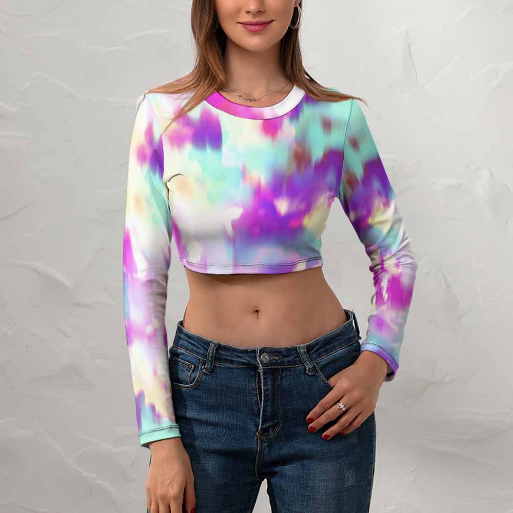 Women's long sleeve tie-dye crop top in purple, teal, and white, perfect for summer wear