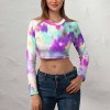 Women's long sleeve tie-dye crop top in purple, teal, and white, perfect for summer wear