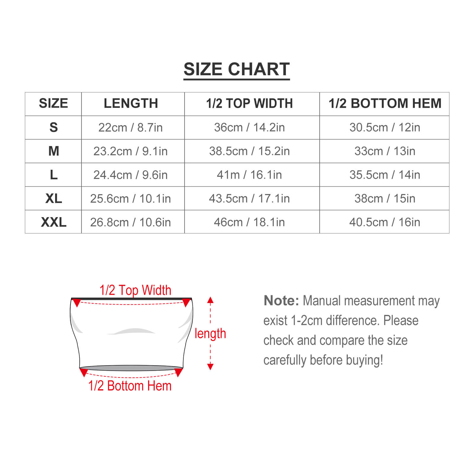 Ladies' Casual Tube Top Size Chart, measurements in cm and inches