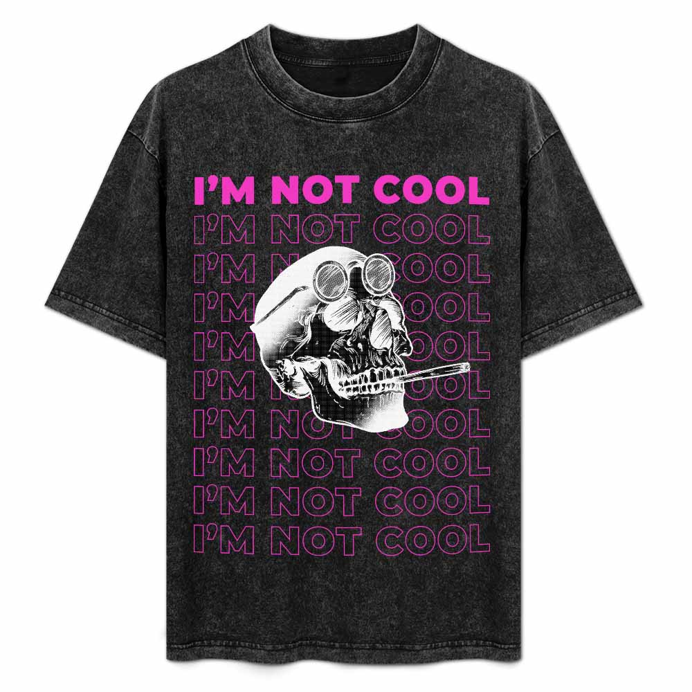 Hot vintage wash off-shoulder T-shirt with skull graphic and "I'M NOT COOL" text, cotton fabric