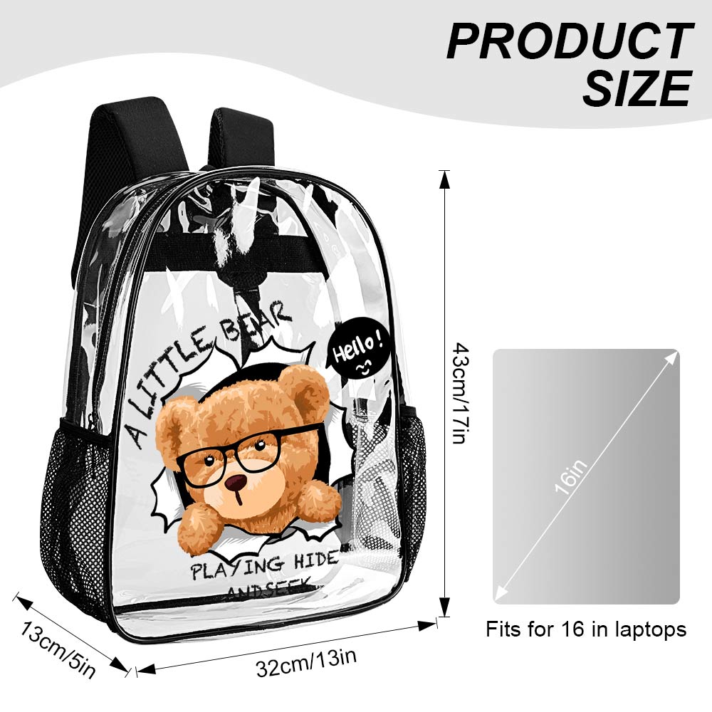 17-inch Transparent PVC backpack with bear graphic, dimensions, fits laptop, ideal for work and travel.