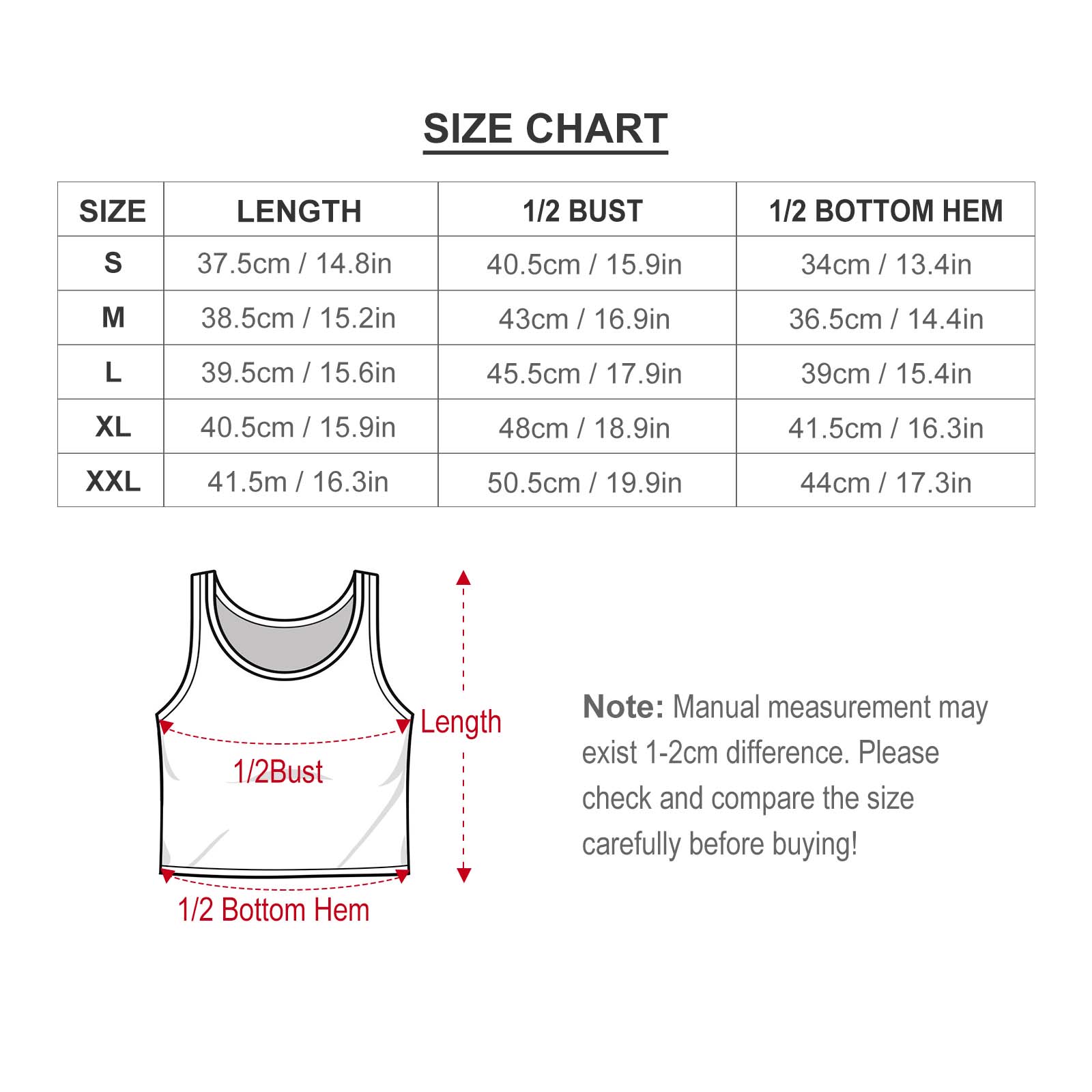 Size chart for cropped racer tank top, showing length, bust, and bottom hem measurements in cm and inches.
