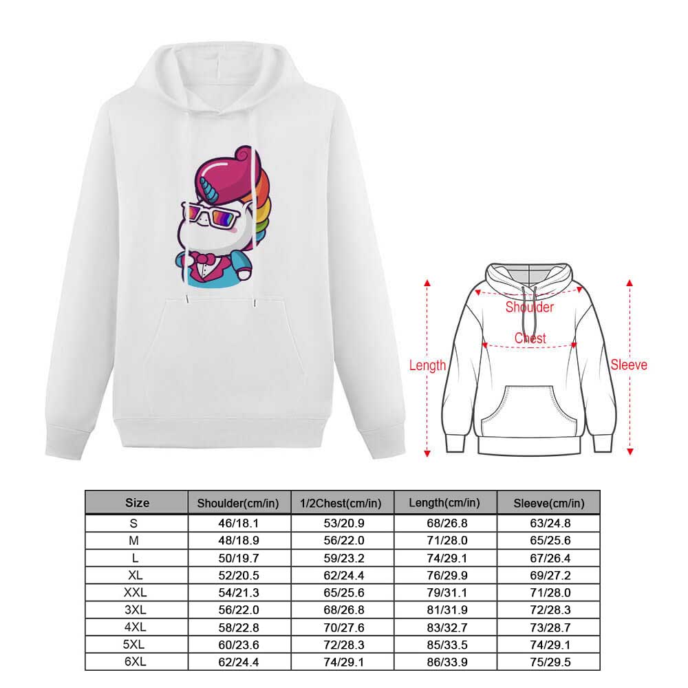 White Men's Hooded Sweatshirt with Graphic Print and Size Chart