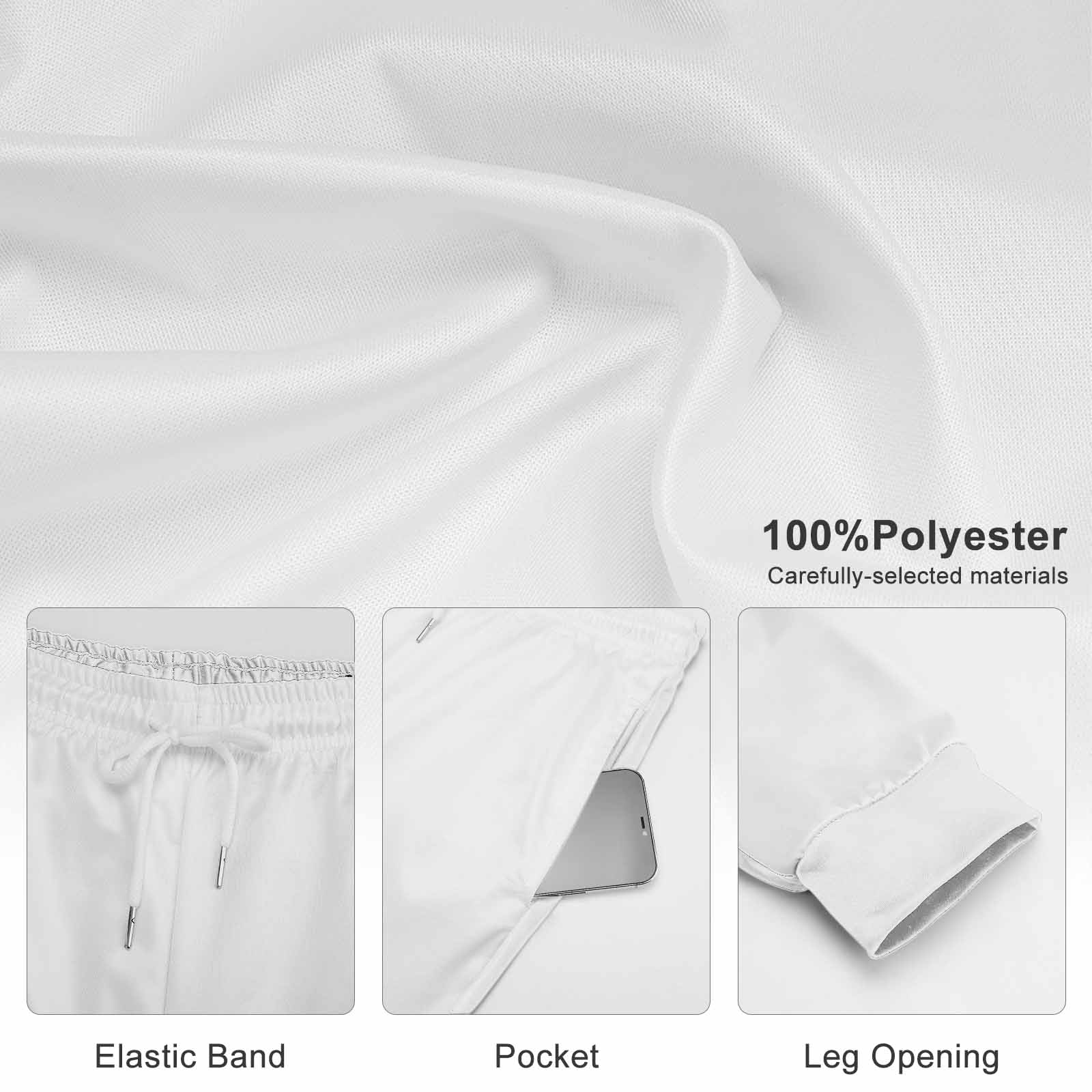 Polyester sweatpants fabric details: waistband, pocket, and leg opening, casual wear.