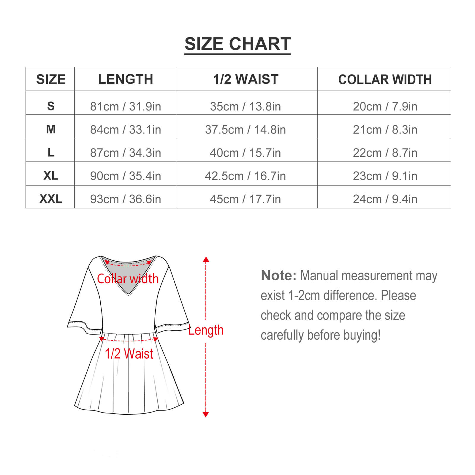 Ladies' Short Sleeve Dress Size Chart - Measurements in cm and inches