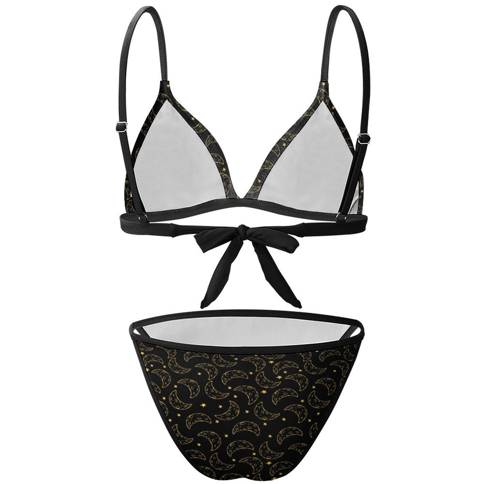 Black two-piece bikini swimsuit with adjustable straps, perfect for beach and pool parties.