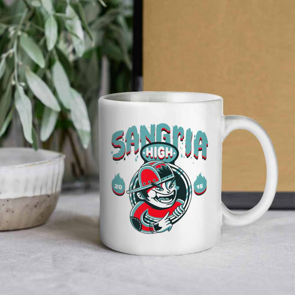 White ceramic mug with Sangria design, perfect for coffee shop or home use.