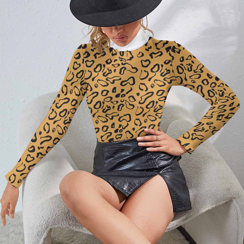 Women's long sleeve leopard print sweater with white turtleneck, winter fashion staple.