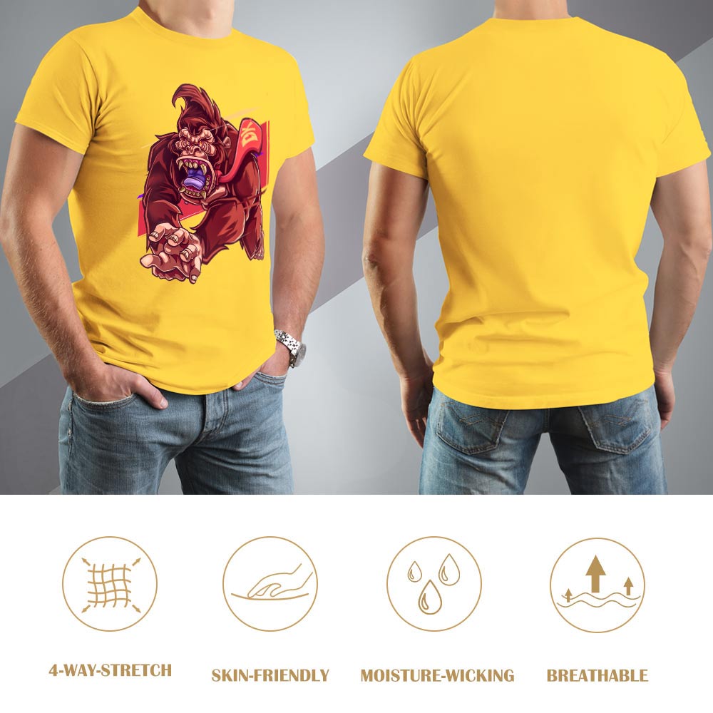 Yellow men's cotton t-shirt with red monster print | Inkedjoy front and back