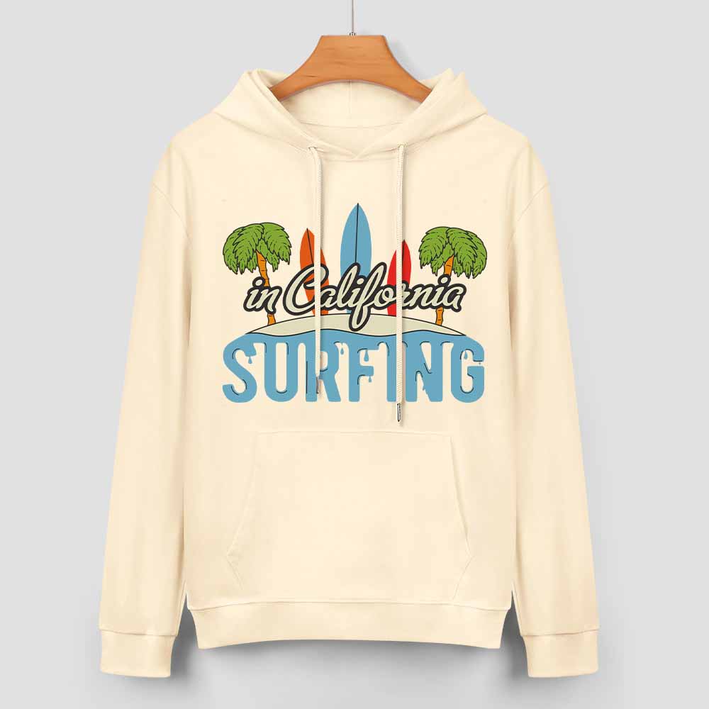Cream cotton Surfing hoodie with graphic, loose fit for daily wear
