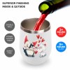 White stainless steel insulated cup with penguin and cat design, being filled with red wine, spill-proof, Inkedjoy
