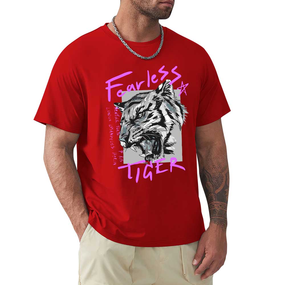 Red Fearless Tiger men's cotton T-shirt, front view,  collection