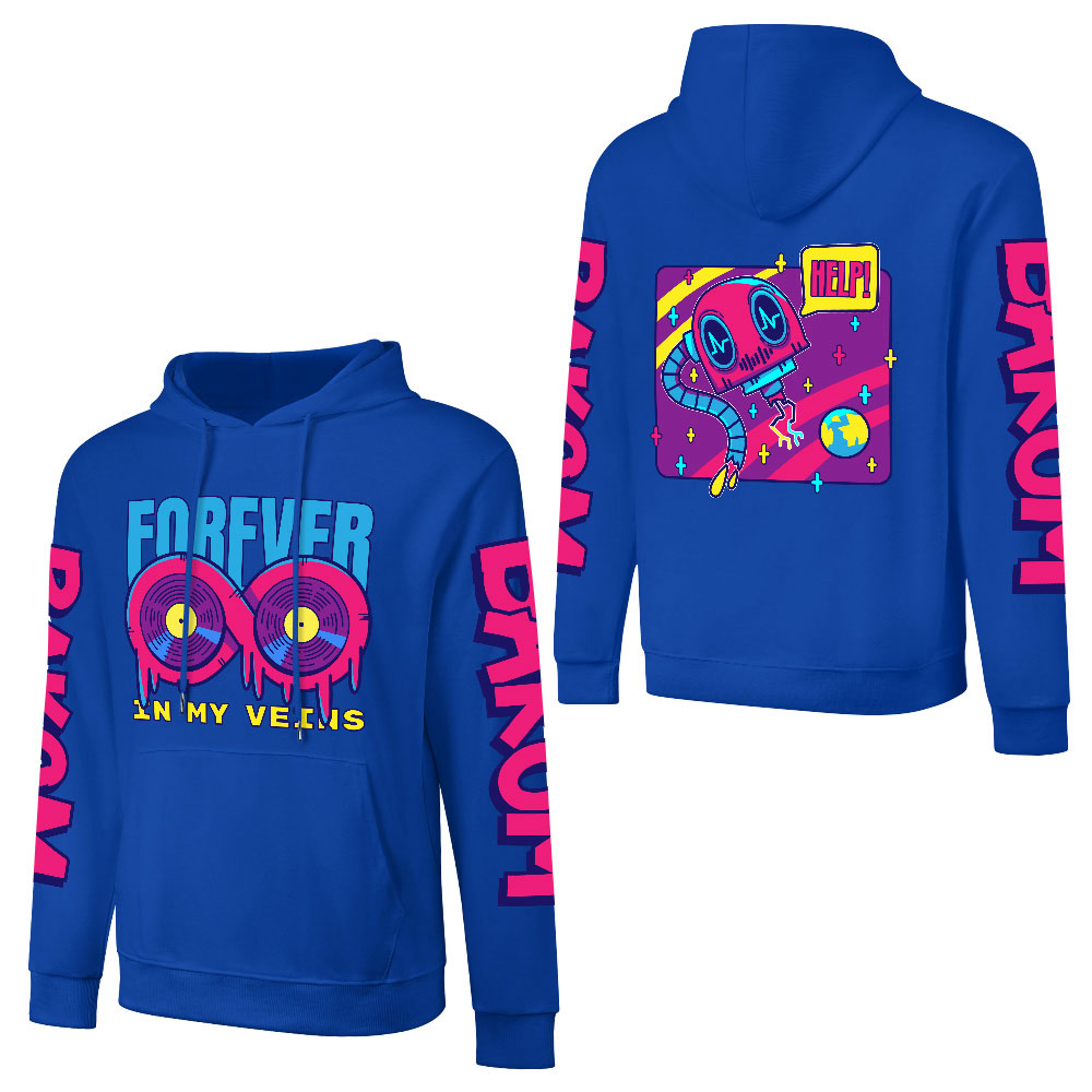 Royal blue hooded sweater with 'FOREVER 99' design, sleeve print, cotton, youth fashion.