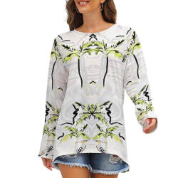 White long sleeve crew neck t-shirt with green pattern, comfortable polyester-cotton blend.