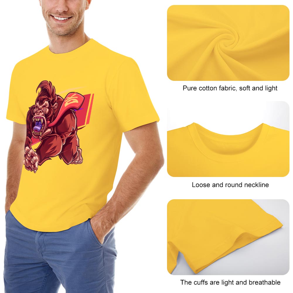 Yellow cotton men's t-shirt with red monster graphic print, Inkedjoy design