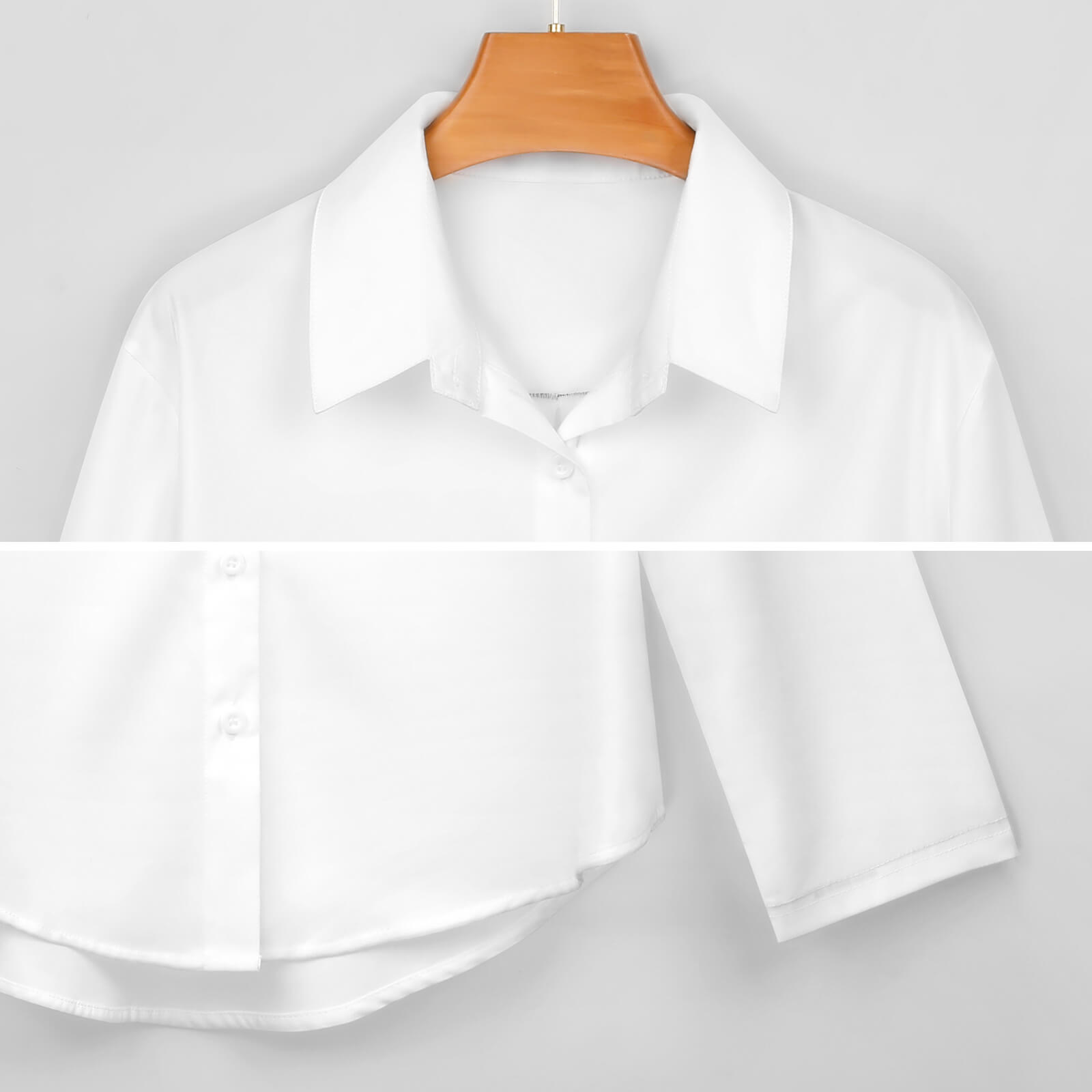 White cropped hem shirt, polyester fabric, irregular hem design